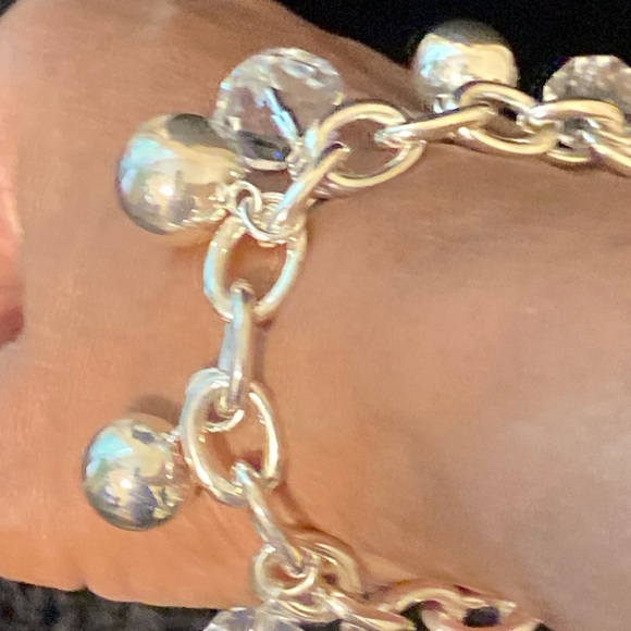 Chicos Silvertone Ball and Crystal Beaded Link Toggle Clasp Bracelet - Picture 4 of 7